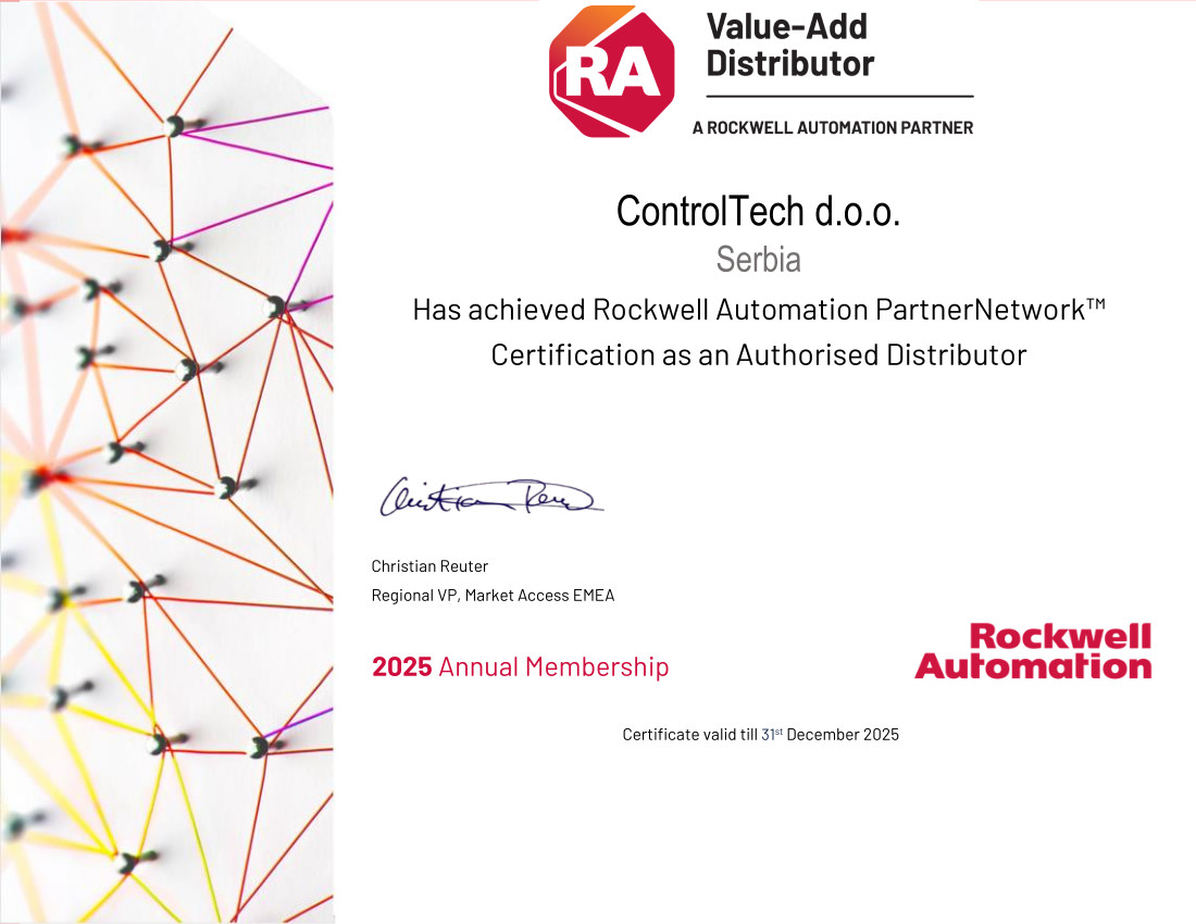 ControlTech Serbia Authorized Distributor Partner Certificate 